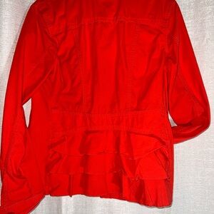 CAbi Red Utility Jacket with Button-Up Front and Ruffles in Back - Sz M
